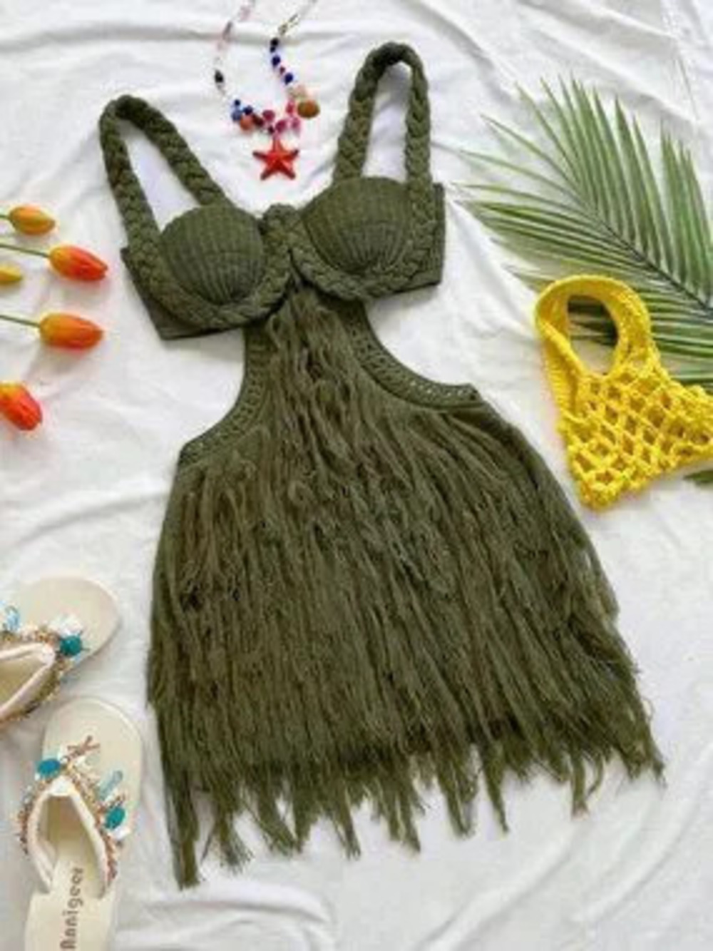 Army Green Sexy Women's Spaghetti Strap Braided Mini Dress - Festival Outfit